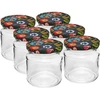 Pot met een inhoud van 212 ml, met gekleurde deksels ø 66. ['pot', ' potje', ' klein potje', ' kruidenpot', ' potje']