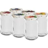 Potten 300 ml met gekleurd deksel fi 66 - 6 stuks ['potten voor conserven', ' potten 300 ml', ' set potten', ' potten voor conserven', ' potten met gekleurde deksels', ' gekleurde deksels', ' voor compotes', ' voor jam']
