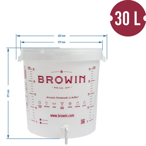 Fermentatiecontainer 30L, in witte kleur met opdruk, kraan en 2 buizen - j.EN - 6