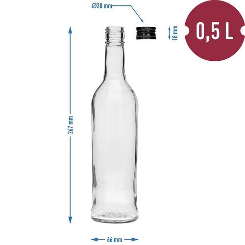Fles 500 ml Slank, met zwarte dop, voor wodka, 6 stuks - 7