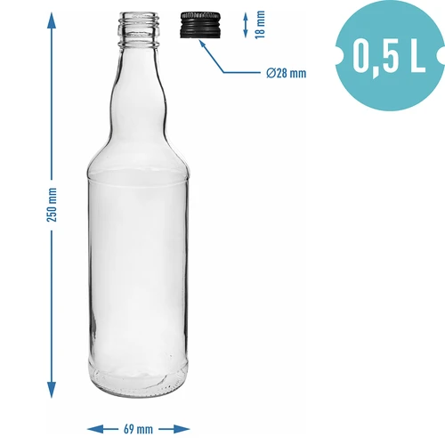 Fles 500 ml voor wodka, met zwarte schroefdop, 6 stuks. - 5