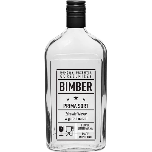 Platte fles (heupfles) 500 ml met schroefdop, opdruk 'Bimber PRL', 1 stuk.