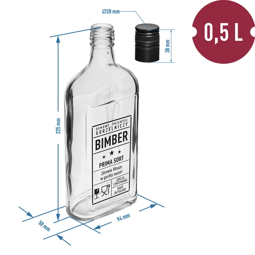 Platte fles (heupfles) 500 ml met schroefdop, opdruk 'Bimber PRL', 1 stuk. - 5