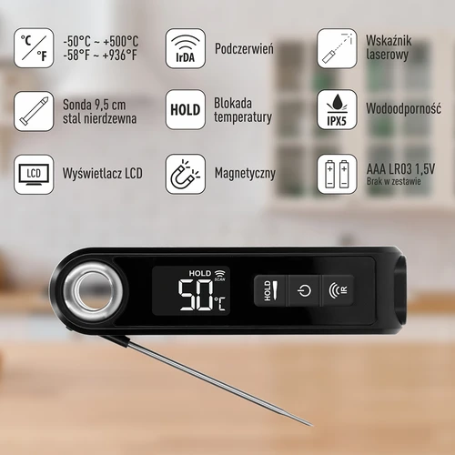 Infrarood keukenthermometer, compact, met inklapbare sonde - 8