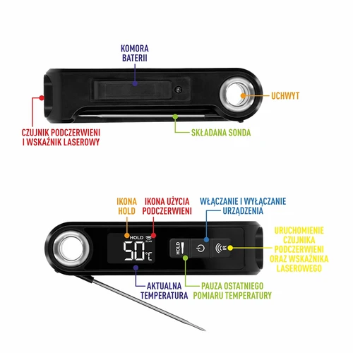 Infrarood keukenthermometer, compact, met inklapbare sonde - 9