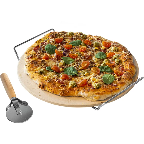 Pizzasteen met handvat en mesje, van cordieriet, rond 33 cm