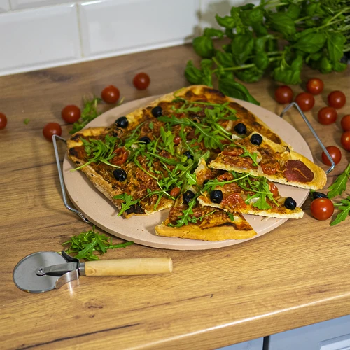 Pizzasteen met handvat en mesje, van cordieriet, rond 33 cm - 14