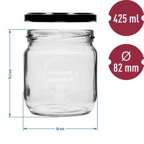 Pot TO 425ml met opdruk 'Huisgemaakte lekkernij' en zwarte deksel fi 82 - 3 stuks - 6