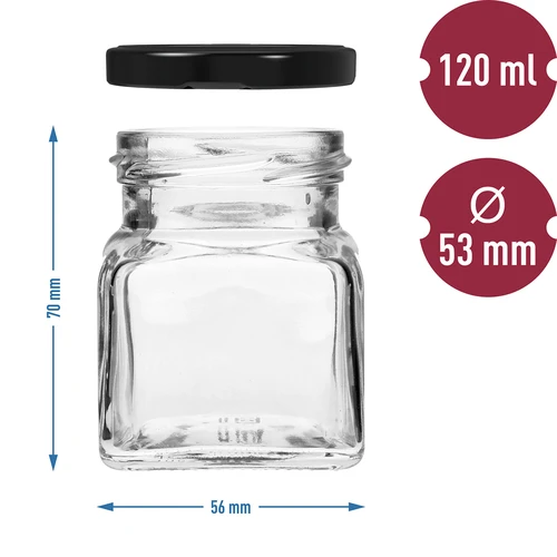 Pot twist off 120ml - Vier hoeken fi 53 met zwart deksel, 6 stuks - 6