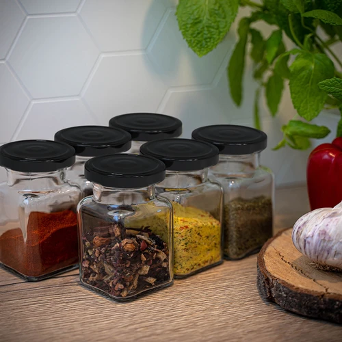 Pot twist off 150ml Vier hoeken fi 53 met zwart deksel, 6 stuks - 8