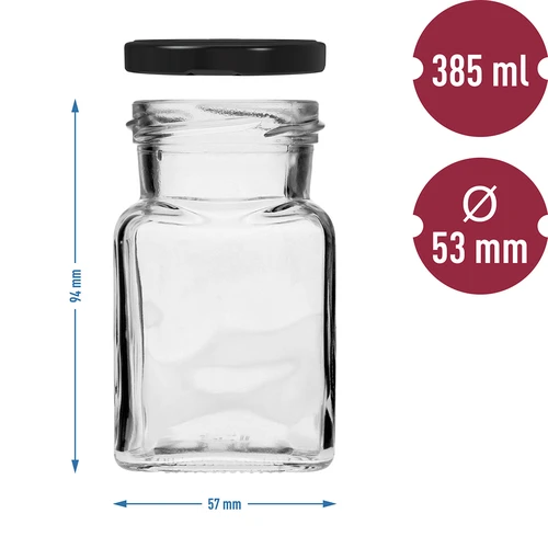 Pot twist off 150ml Vier hoeken fi 53 met zwart deksel, 6 stuks - 6