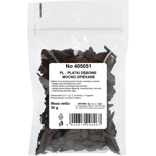 Sterk geroosterde eiken vlokken voor de aromatisering van alcoholen (whisky, bourbon, brandy, cognac, bier), 50 g - 2