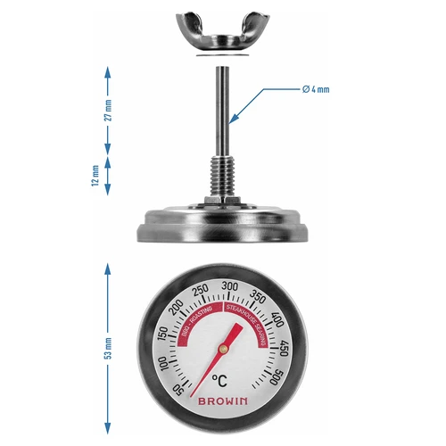 Thermometer voor grill en BBQ, van 50 tot +500°C, bimetalen, 5,3cm - 7
