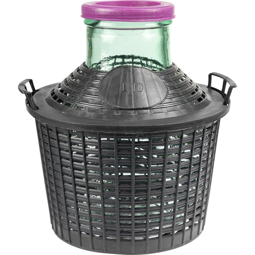 Wijnballon 10 L met brede hals in plastic mand