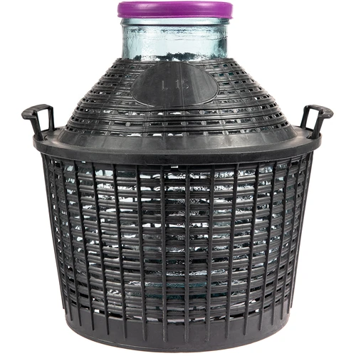 Wijnballon 15 L met brede hals in plastic mand