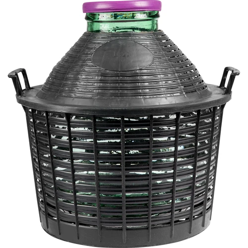 Wijnballon 20 L met brede hals in plastic mand