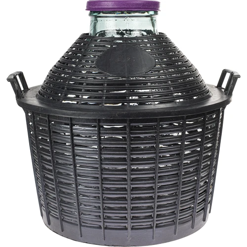 Wijnballon 25 L met brede hals in plastic mand