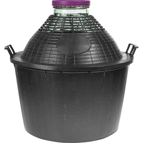 Wijnballon 34 L met brede hals in plastic mand