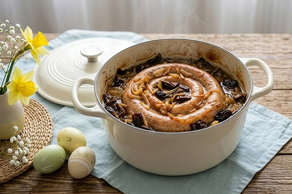 Opgerolde witte worst uit de oven met paddenstoelen en gerookte pruimen