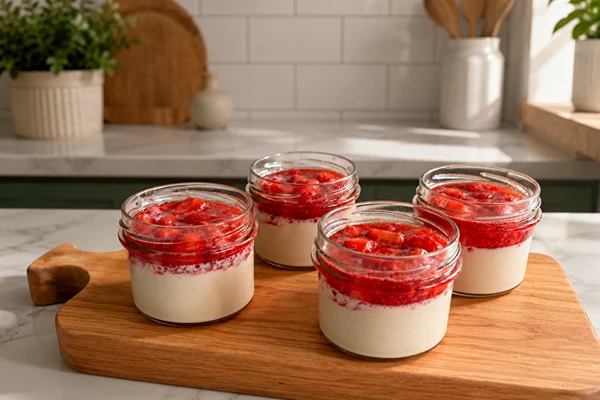 Vegan panna cotta met aardbeien
