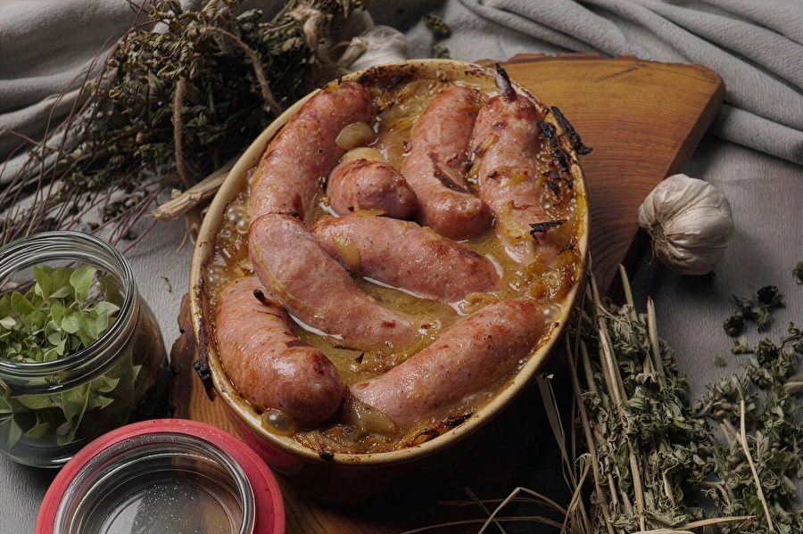 Browin Przepiśnik - Poolse witte worst (biała kiełbasa) uit de oven met bier, mosterd en ui